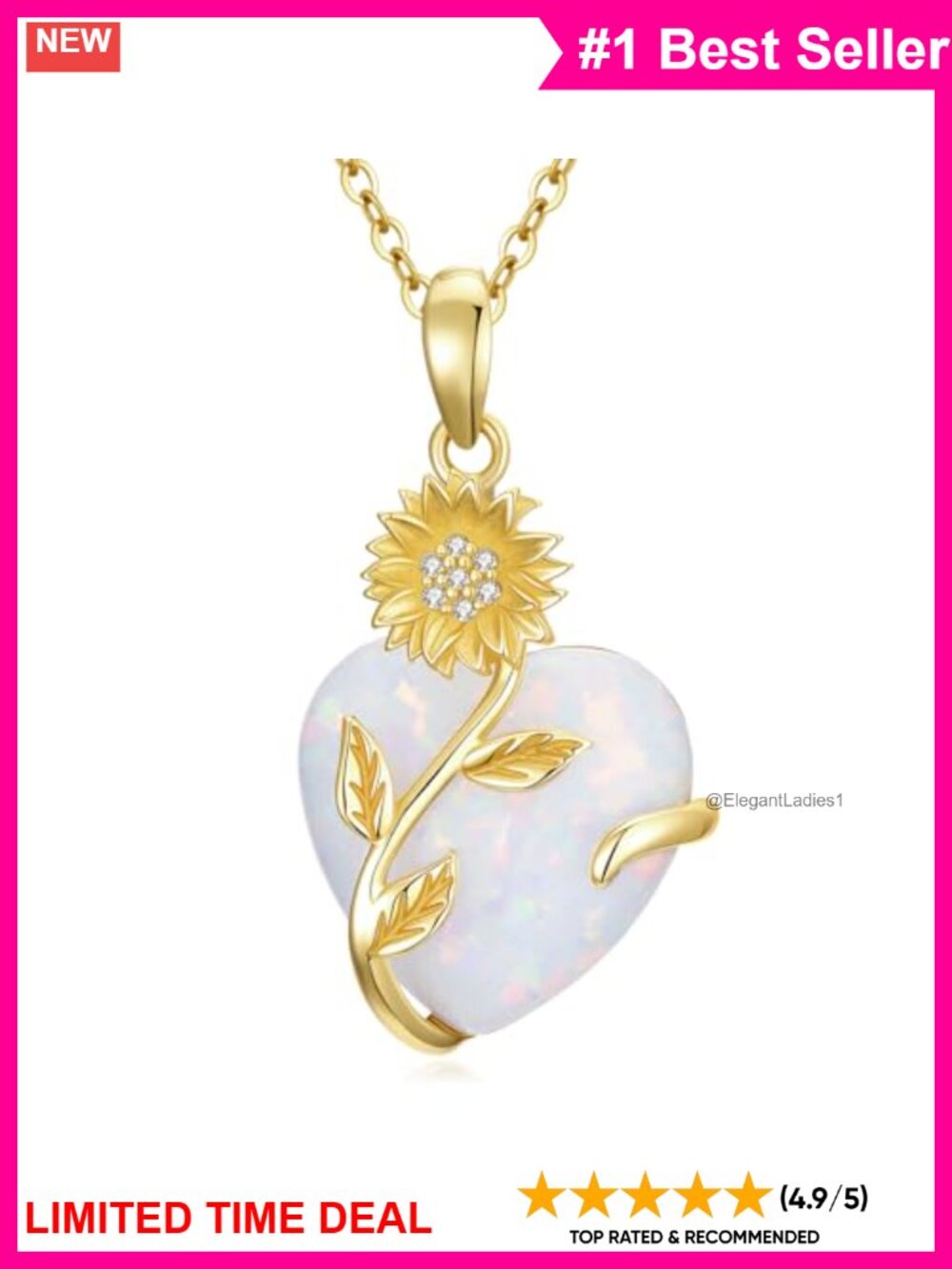 14K Yellow Gold Sunflower Opal Heart Pendant Necklace 16+2in Cable Chain
